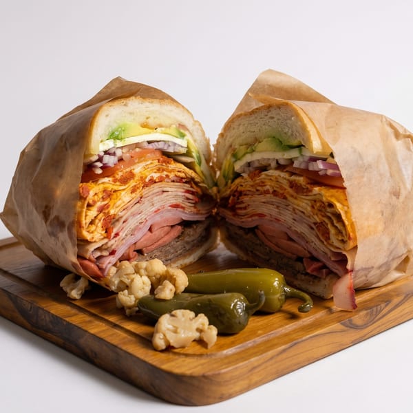 A large sandwich, cut in half, revealing layers of meat, cheese, and vegetables, on a wooden board.