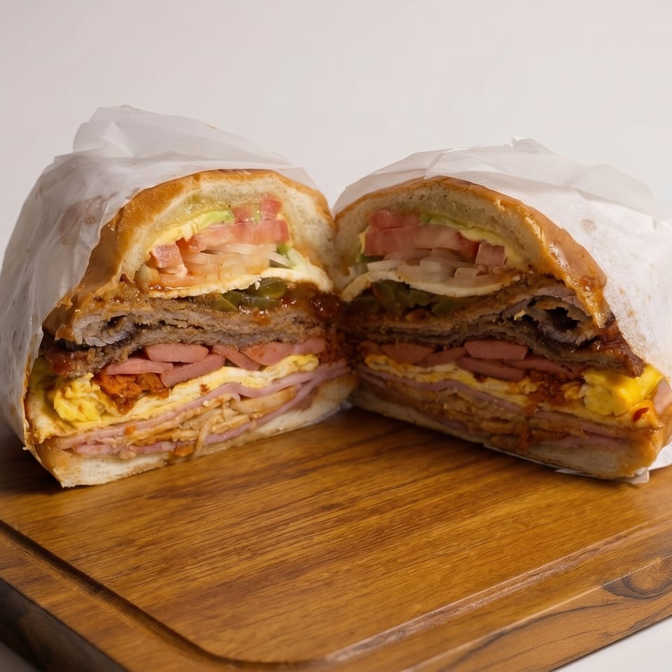 A large, sliced torta sandwich with various meats, eggs, and vegetables on a wooden board.