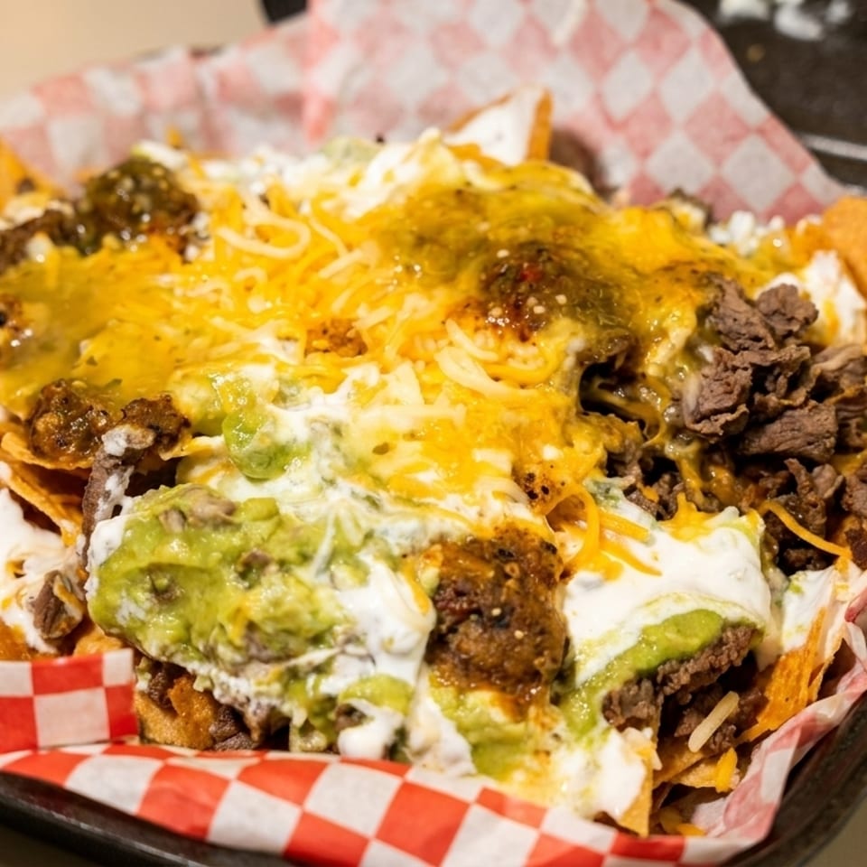 Close-up of loaded nachos with melted cheese, guacamole, sour cream, and steak in a takeout container.