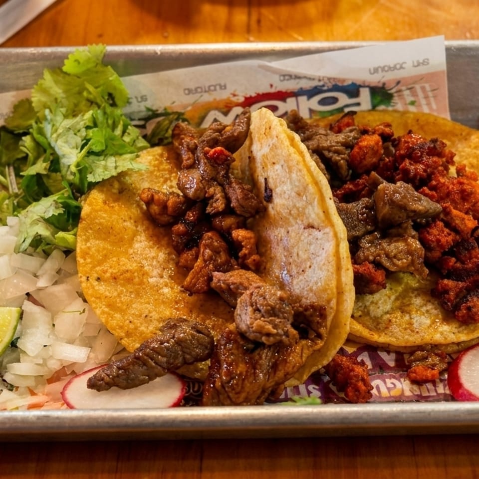 Two street tacos with various meats, cilantro, diced onions, lime, and radish on a metal tray.
