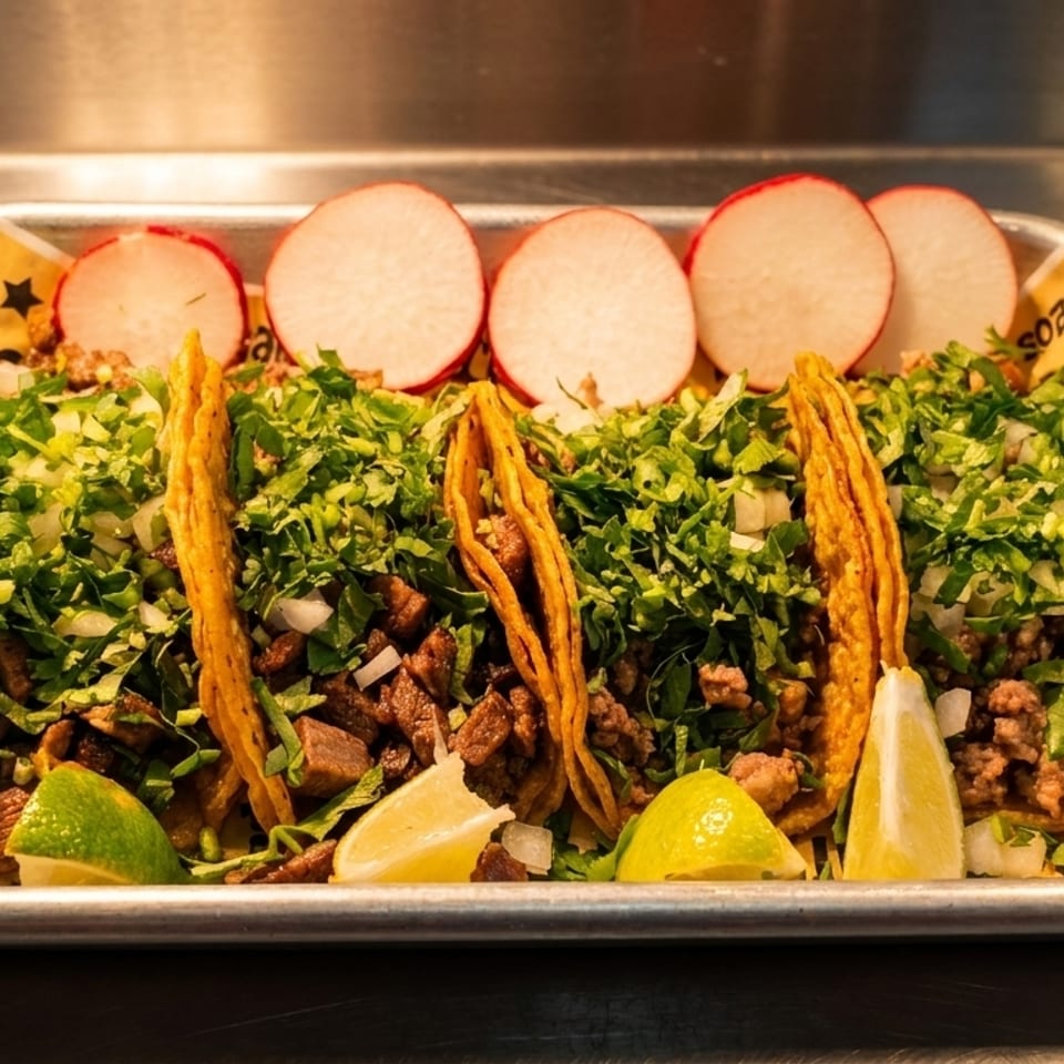 Six street tacos with meat, cilantro, onions, lime, and radish slices on a metal tray.