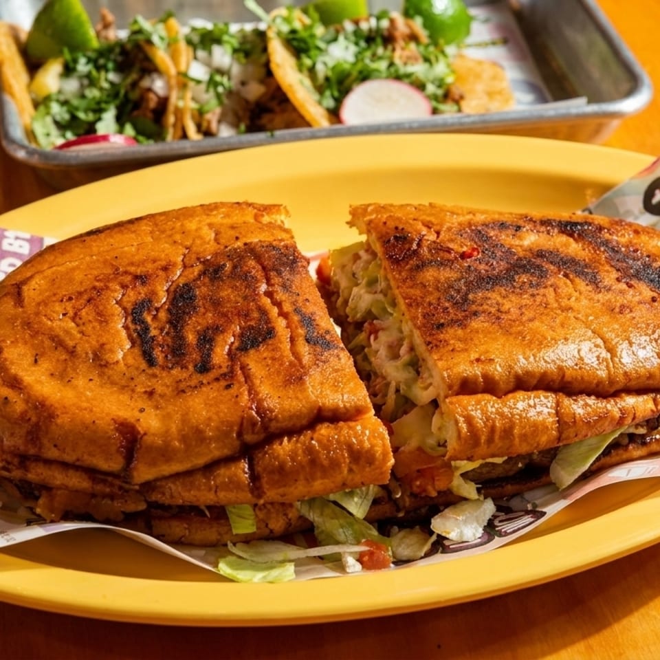 A large, grilled Mexican torta sandwich, cut in half, on a yellow plate with tacos in the background.