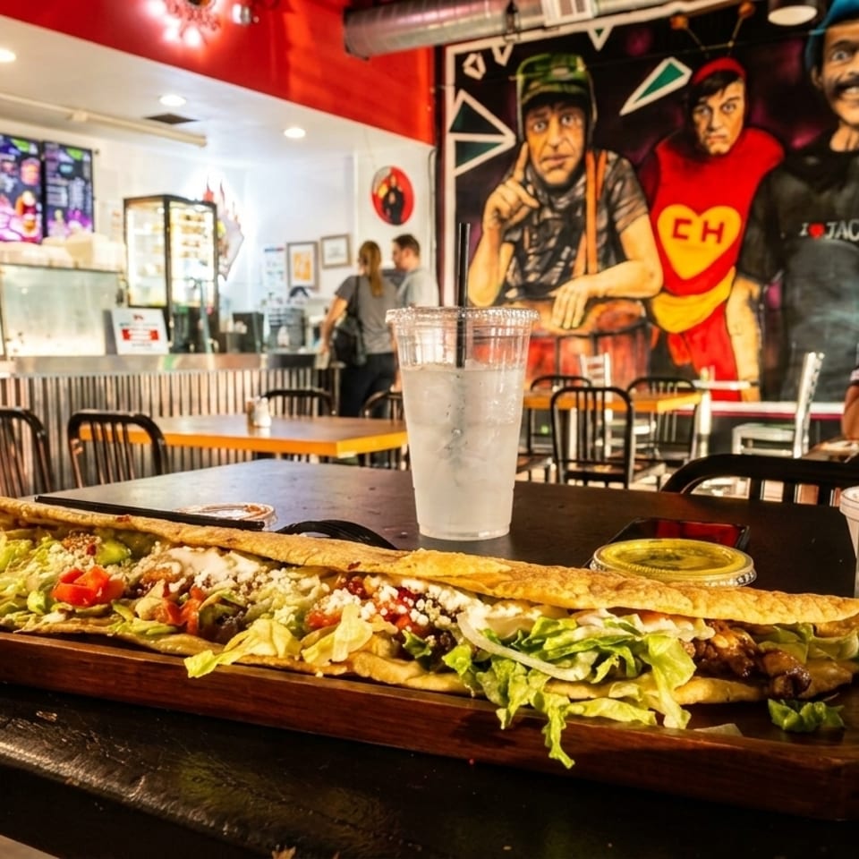 A long, loaded Mexican quesadilla on a wooden tray with a drink in a vibrant restaurant.
